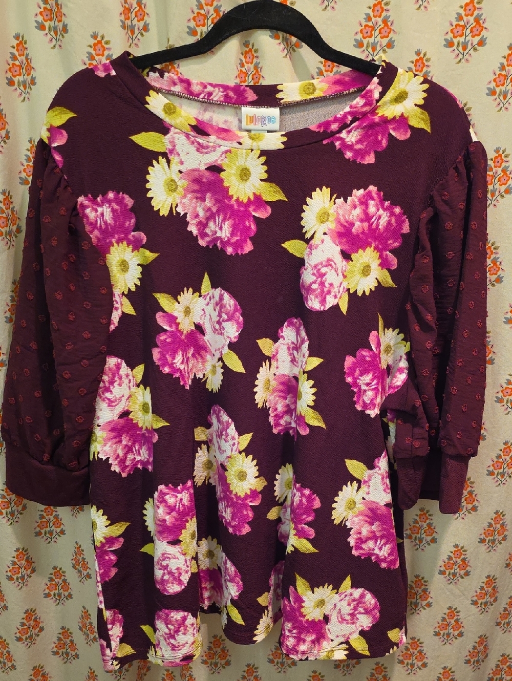 LuLaRoe Plum Floral Bubble Sleeve Tunic - Magenta & Yellow